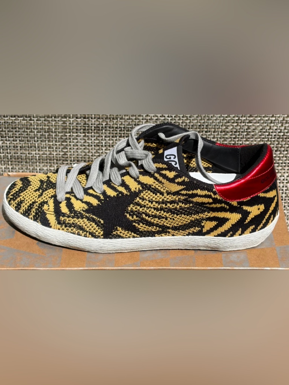 Golden Goose Black and Gold Knit Low-Top Sneakers with Red Heel